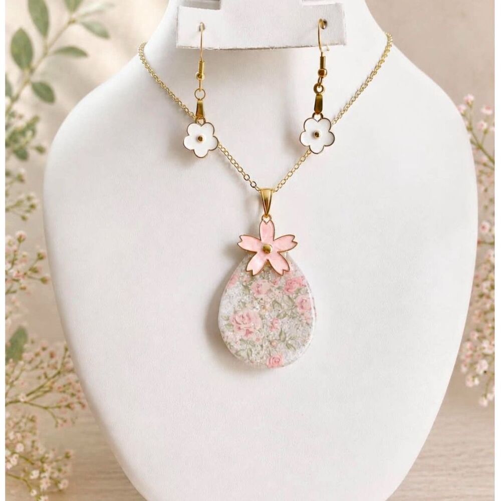 Handmade Resin Pastel Floral Teardrop Necklace & Flower Earrings Set